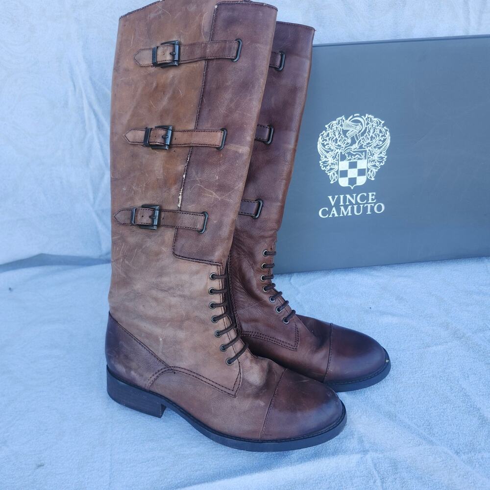 Vince Camuto Sz 9 Fenton Russet Two Tone Brown Leather Knee High Riding Boots